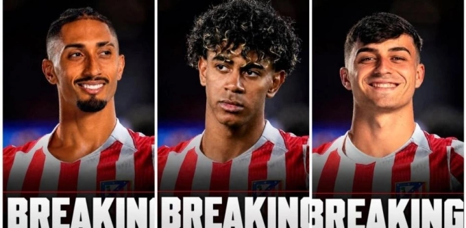 Atletico đăng ảnh Raphinha, Yamal và Pedri mặc áo đội bóng này, để chế giễu Barca trên mạng xã hội X ngày 29/5/2026. Atletico đăng ảnh Raphinha, Yamal và Pedri mặc áo đội bóng chế giễu Barca