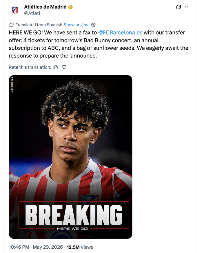 Bài đăng của Atletico về Yamal. Bài đăng của Atletico về Yamal