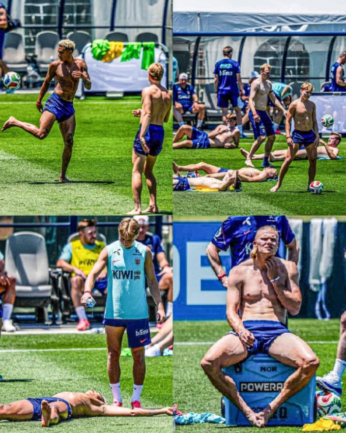 Các cầu thủ Na Uy cởi trần trong buổi tập trước thềm World Cup 2026 Cầu thủ Na Uy tập luyện chuẩn bị cho World Cup