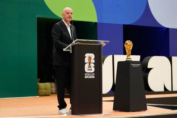 Chủ tịch FIFA Gianni Infantino phát biểu tại lễ khai trương Trung tâm Phát thanh Truyền hình Quốc tế (IBC) ở Dallas, Mỹ ngày 1/6/2026. Chủ tịch FIFA Gianni Infantino phát biểu tại lễ khai trương Trung tâm Phát thanh Truyền hình Quốc tế (IBC) ở Dallas, Mỹ ngày 1/6/2026.