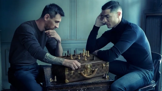 Hình ảnh Messi và Ronaldo cùng đánh cờ vua, khi chụp quảng bá cho Louis Vuitton ngày 20/11/2022.