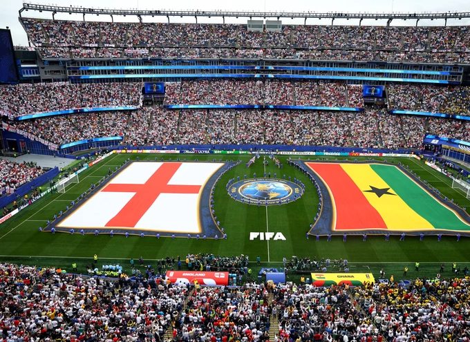 England and Ghana teams walk onto the pitch in Boston, Massachusetts, USA before their 2026 World Cup group stage match on April 23, 2026. Photo: Reuters