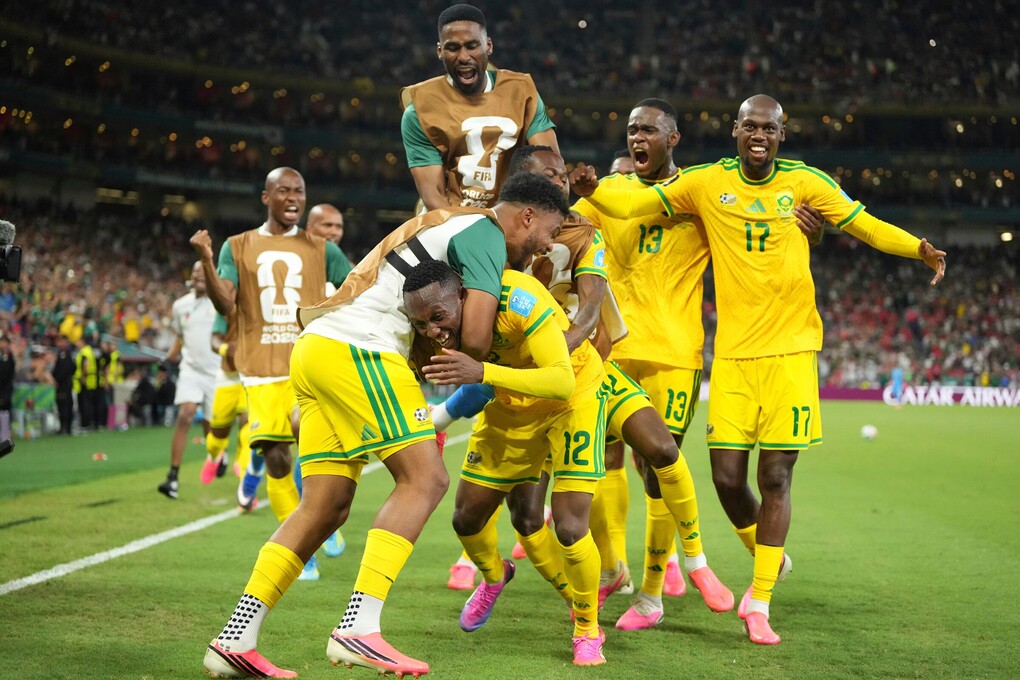 South Africa forward Thapelo Maseko (12) celebrates opener minute 63 with teammates, South Korea vs South Africa, Group A final match, Monterrey, Mexico, June 24, 2026. Photo: AP