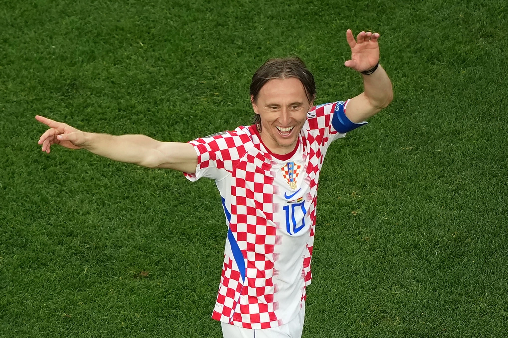 Modric vui mừng sau trận Croatia thắng Ghana 2-1 ở lượt cuối bảng L World Cup 2026 trên sân Philadelphia, Mỹ ngày 27/6. Ảnh: AP