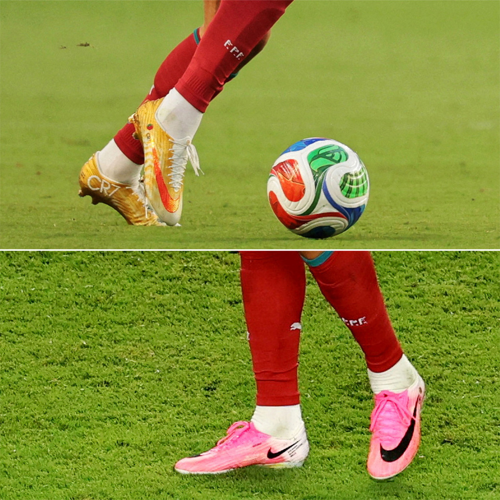 Cristiano Ronaldo mang đôi giày phiên bản giới hạn trong hiệp một (ảnh trên) và đổi sang đôi khác sau giờ nghỉ trận Bồ Đào Nha hòa Colombia tại vòng bảng World Cup 2026 trên sân Miami, bang Florida, Mỹ, ngày 27/6/2026. Ảnh: Reuters