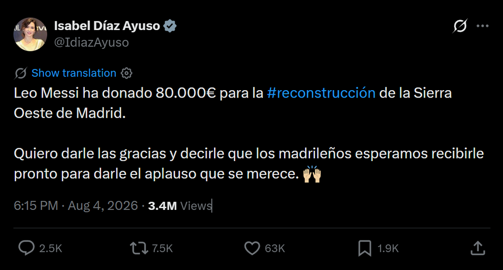 Thị trưởng Madrid Isabel Diaz Ayuso xác nhận khoản đóng góp của Messi trên trang cá nhân X vào ngày 4/8 Chủ tịch vùng Madrid là bà Isabel Diaz Ayuso xác nhận khoản đóng góp của tiền đạo người Argentina trên trang cá nhân X ngày 4/8.