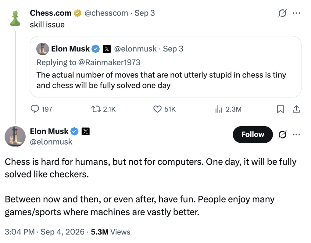 Một phần cuộc khẩu chiến giữa Musk và Chess. Ảnh: chụp màn hình
