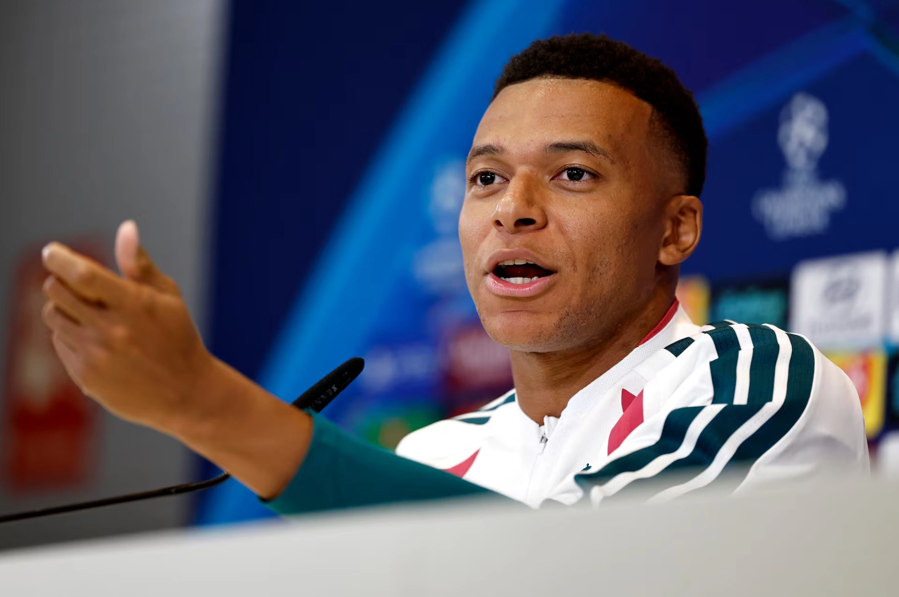 Kylian Mbappe trong buổi họp báo ngày 7/9 trước trận Real Madrid – Inter Milan ở vòng phân hạng Champions League 2026-2027 tại Trung tâm huấn luyện Valdebebas, Madrid, Tây Ban Nha. Ảnh: AS