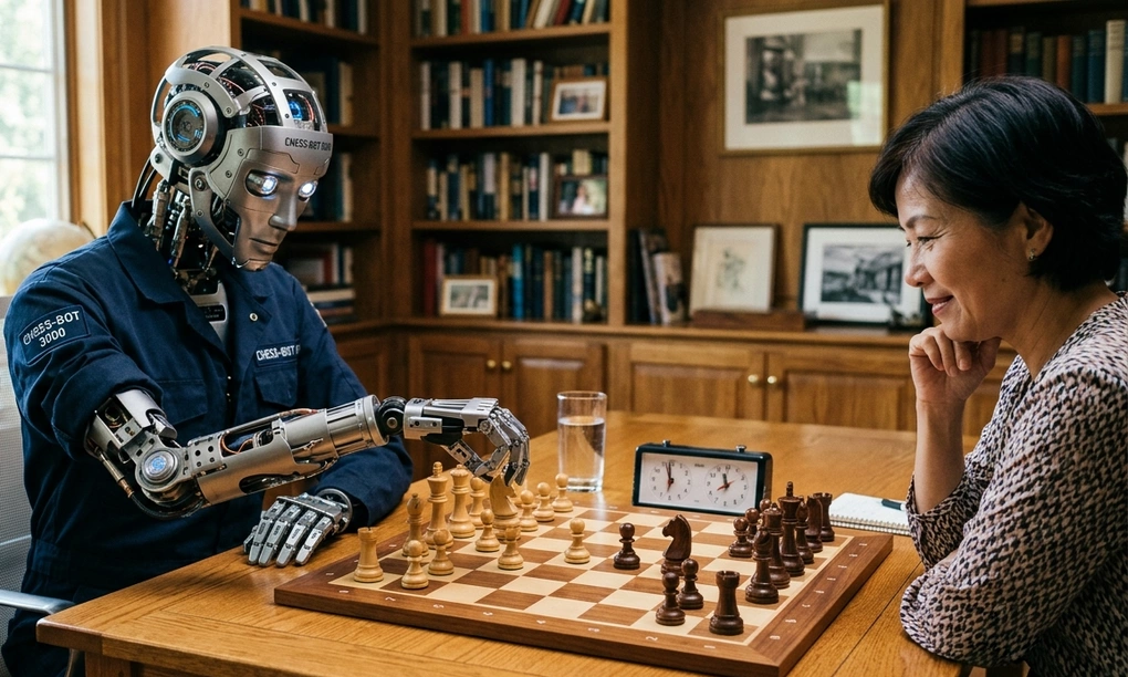 Minh họa robot đánh cờ vua với con người. Ảnh: Google Gemini